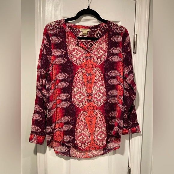Lucky Brand Pink Purple Henley Popover Paisley Flowy Boho Peasant Top Size S - Picture 1 of 10